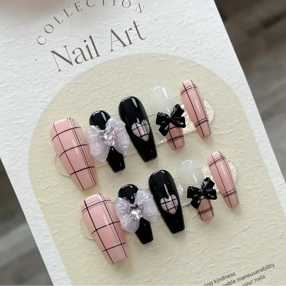 New Pink & Black Plaid 3D Nail Art Set reusable handmade acrylic Medium Length